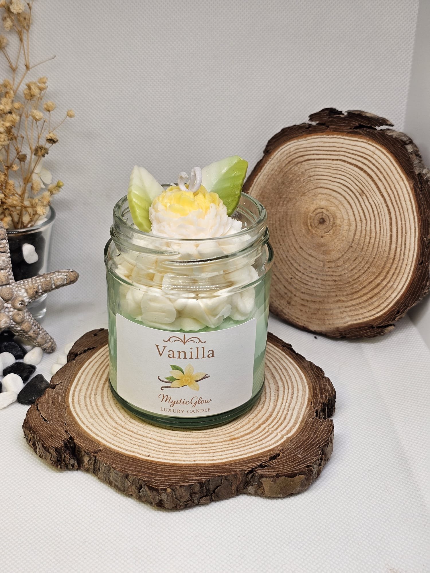 vanilla flower candle by MysticGlow with whipped wax and floral design