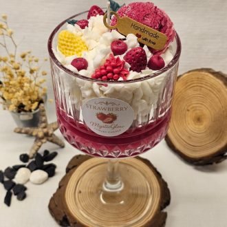 strawberry dessert candle by MysticGlow with whipped wax and strawberry toppings