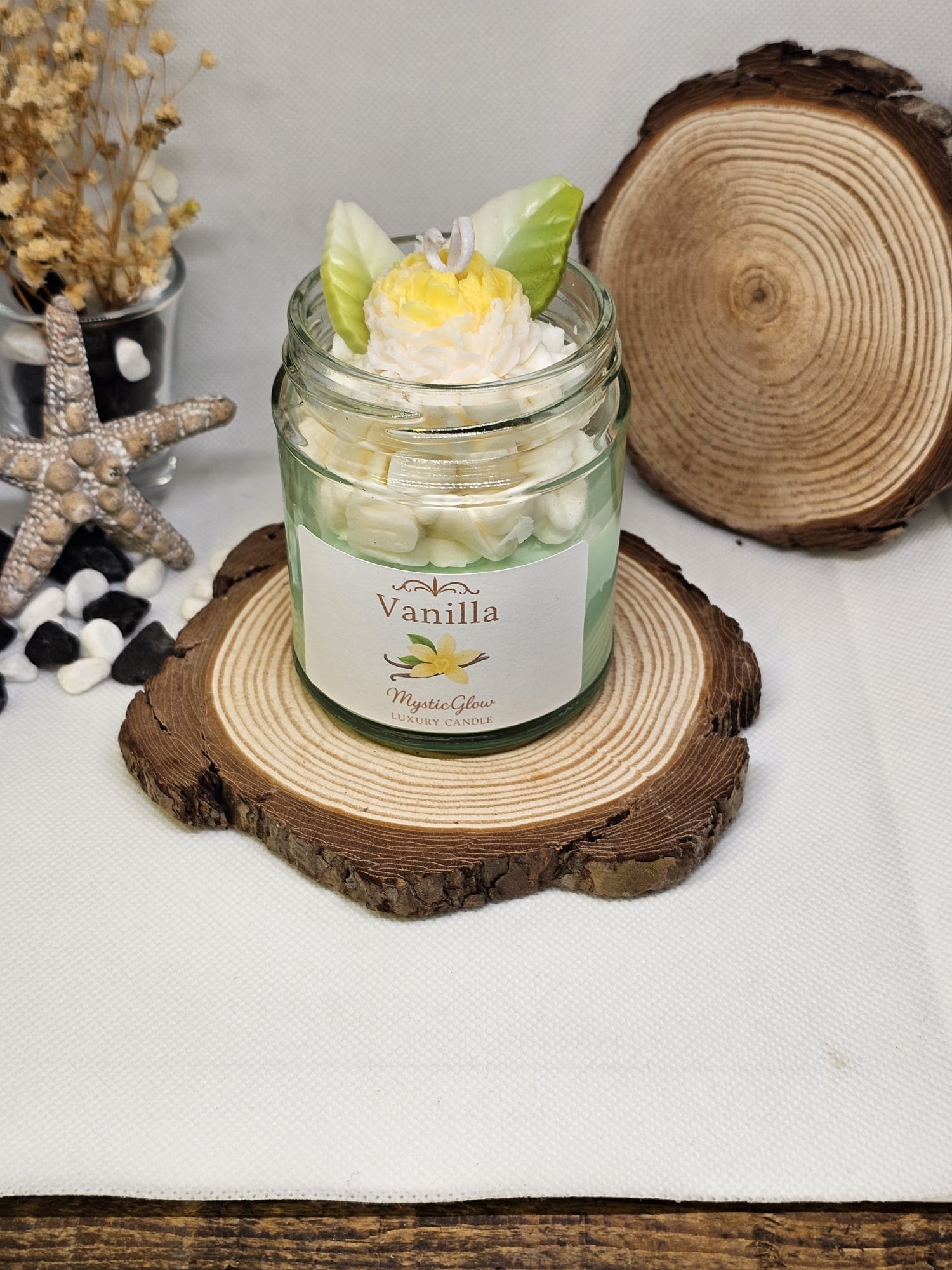 Luxury vanilla candle in glass jar by MysticGlow – creamy soy wax design