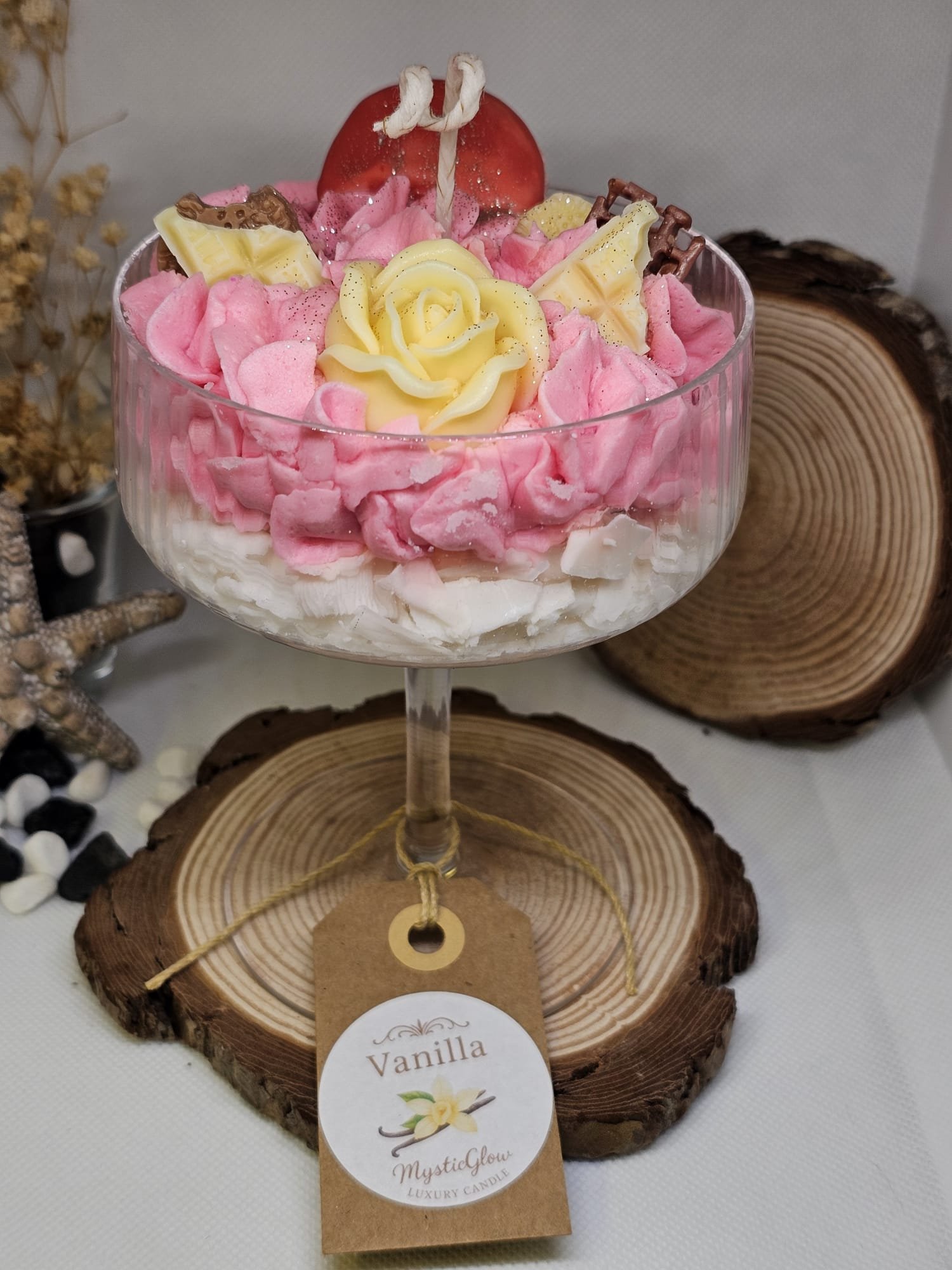 Handcrafted soy candle inspired by dessert design – Vanilla Rose Candle by MysticGlow