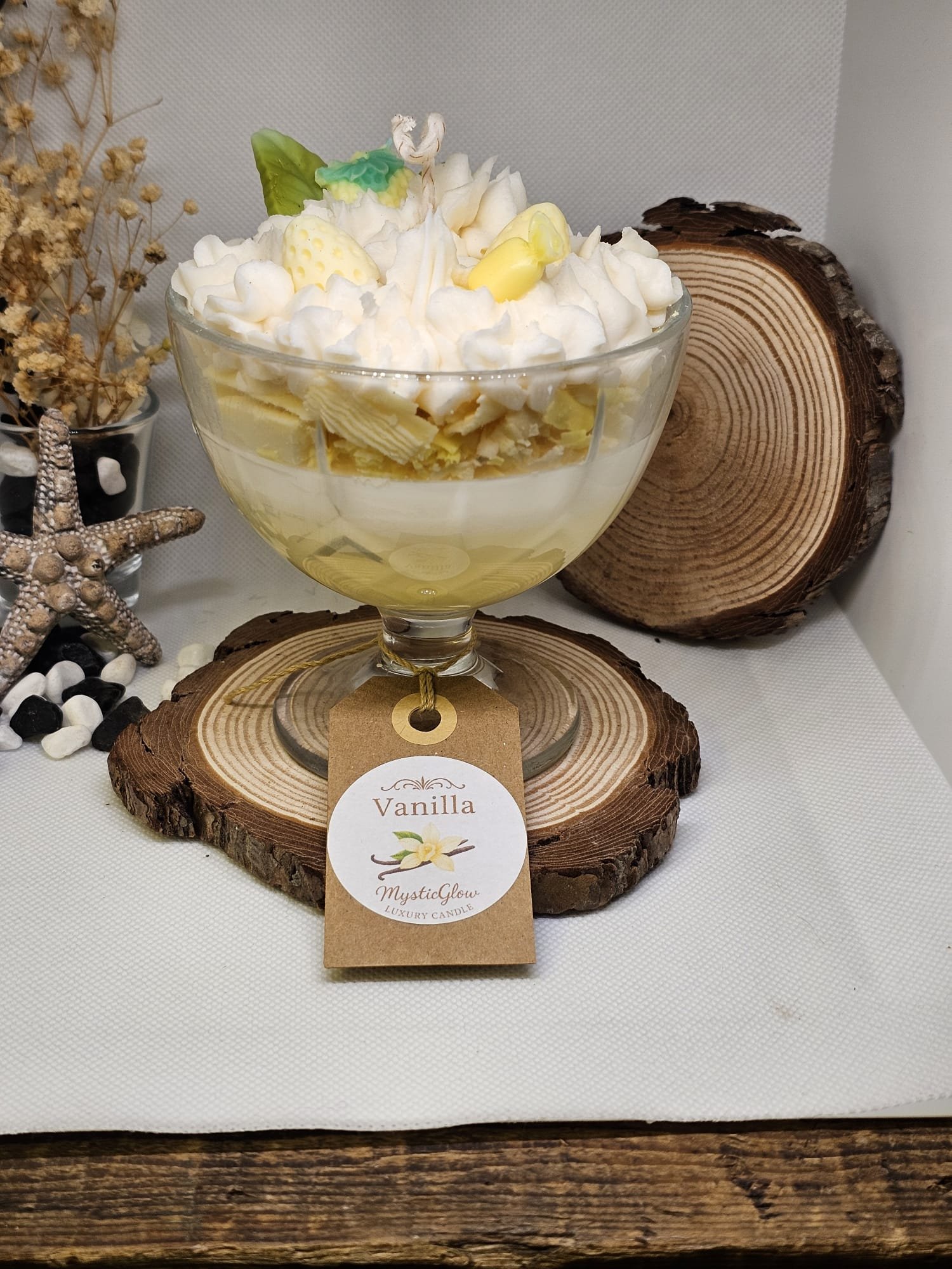 vanilla cream candle by MysticGlow with whipped wax and candy decorations