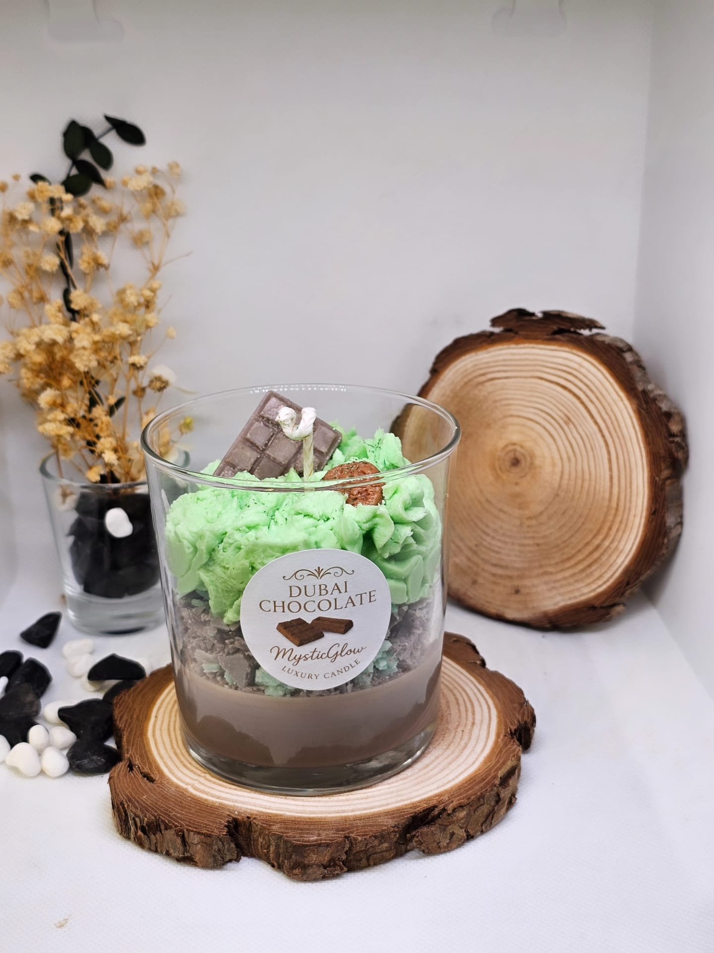 Handcrafted soy wax candle with dessert-inspired chocolate and mint design