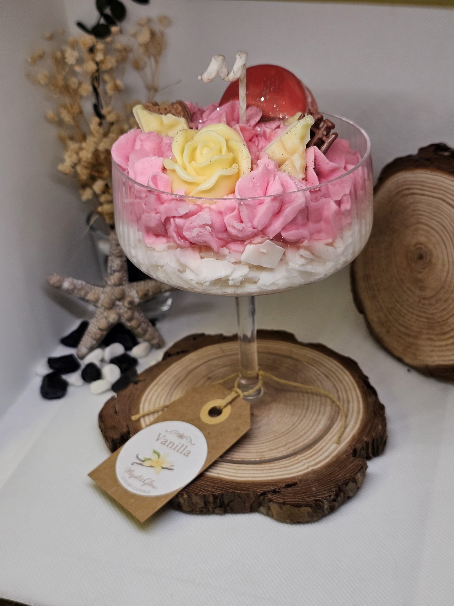 vanilla rose candle by MysticGlow with whipped wax and rose decoration