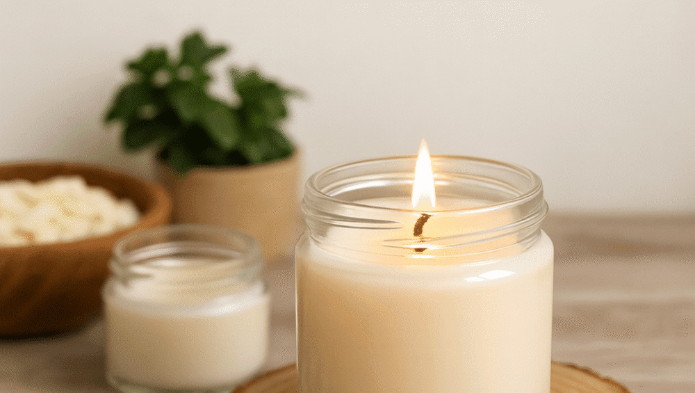 Cover image for The Ultimate 2025 Guide to Soy Wax Candles featuring a lit soy wax candle in a clear glass jar placed on a wooden slice. Surrounding it are small handmade soy candles, a bowl of soy wax flakes, eucalyptus leaves, and soft warm lighting. Title text appears above in bold brown lettering.