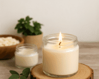 Cover image for The Ultimate 2025 Guide to Soy Wax Candles featuring a lit soy wax candle in a clear glass jar placed on a wooden slice. Surrounding it are small handmade soy candles, a bowl of soy wax flakes, eucalyptus leaves, and soft warm lighting. Title text appears above in bold brown lettering.