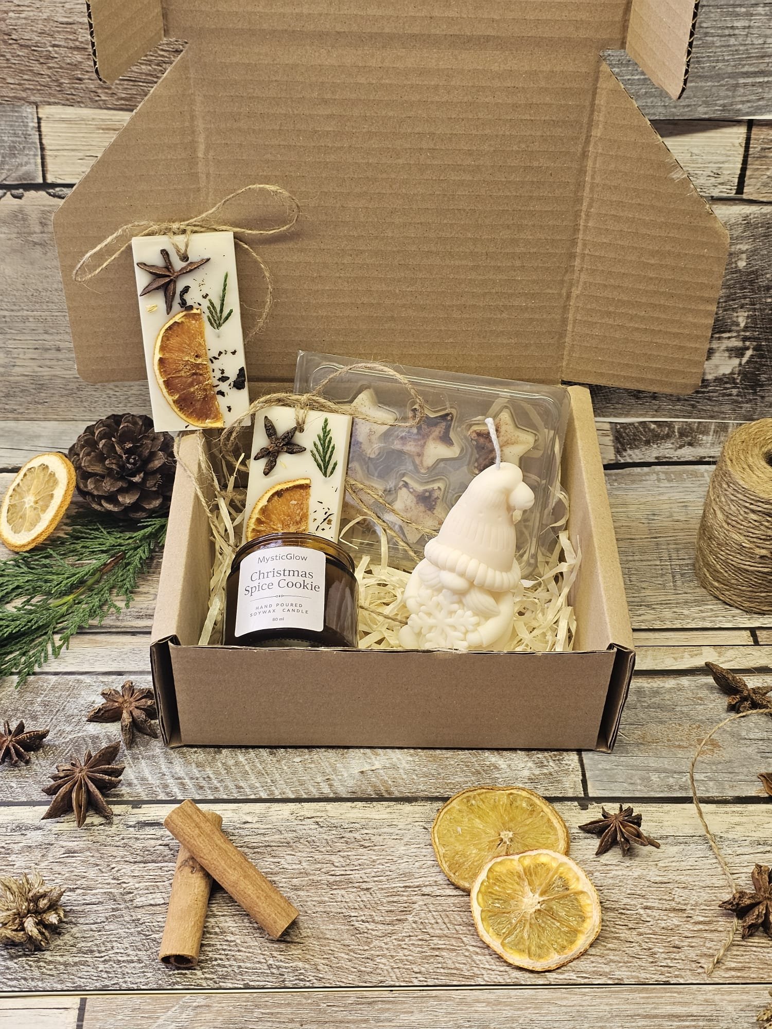 MysticGlow handmade Christmas candle gift box set with star melts, wax tablets and festive gnome candle