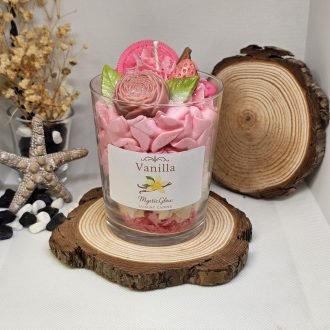 vanilla dessert candle by MysticGlow with whipped wax and floral toppings