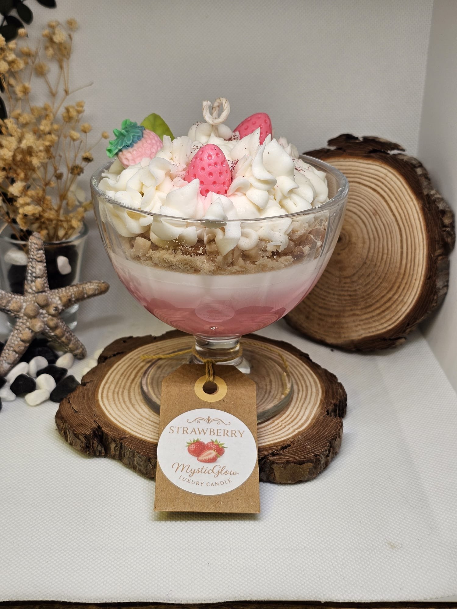 Luxury strawberry cheesecake-inspired candle by MysticGlow, soy wax dessert design