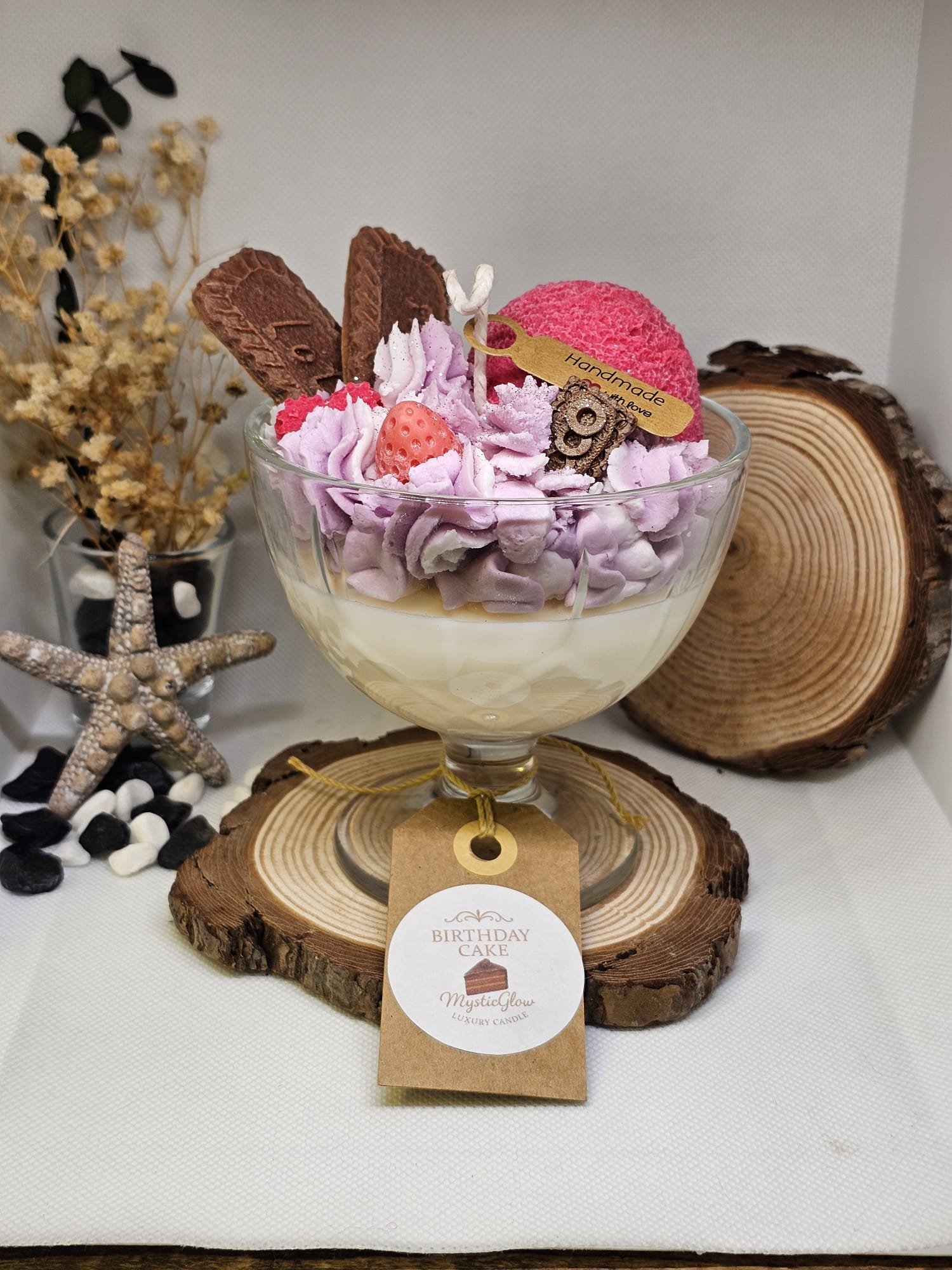 birthday cake candle by MysticGlow with whipped wax and chocolate accents