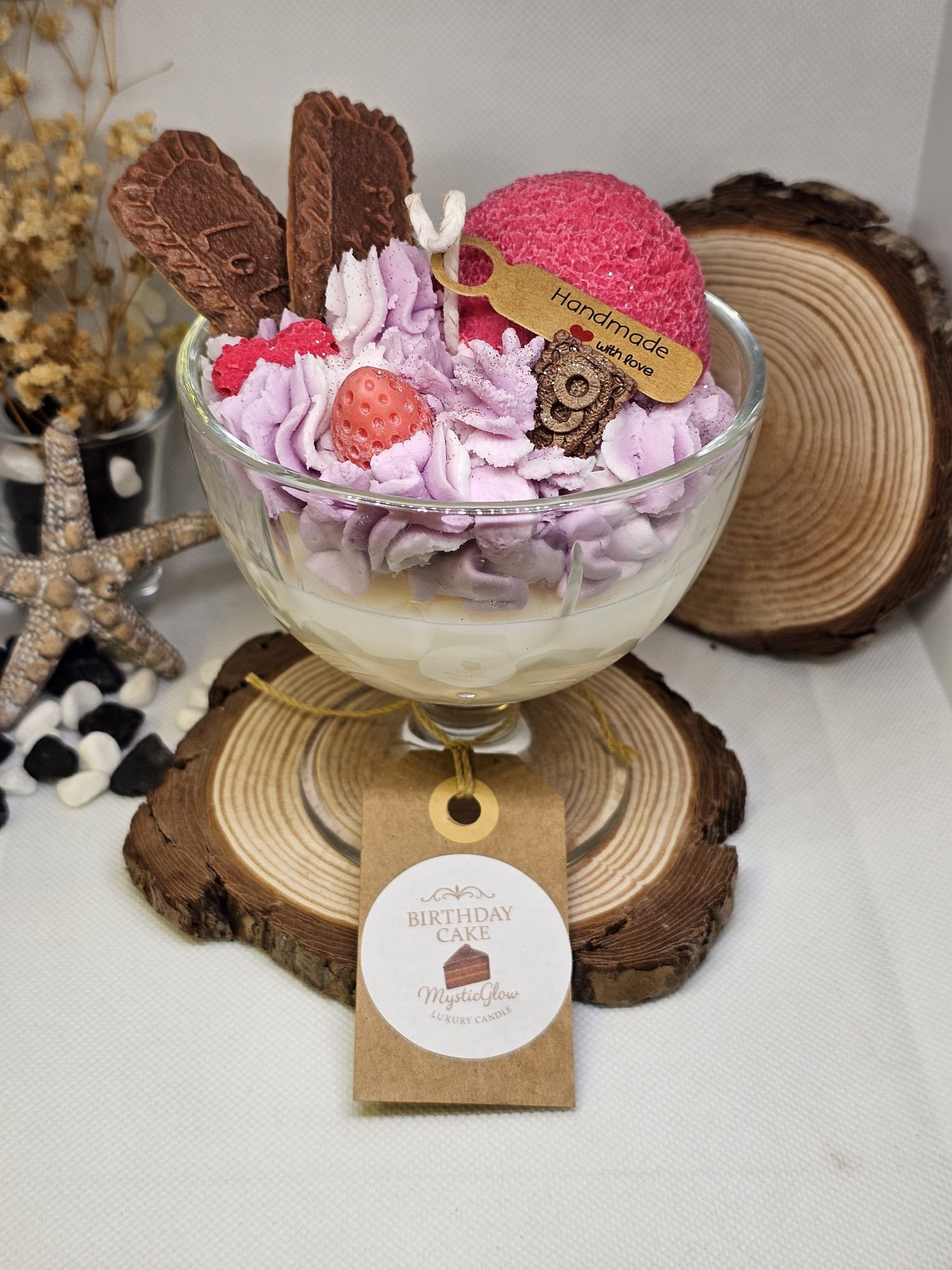 Luxury birthday cake-inspired candle with pink topping and realistic wax details by MysticGlow