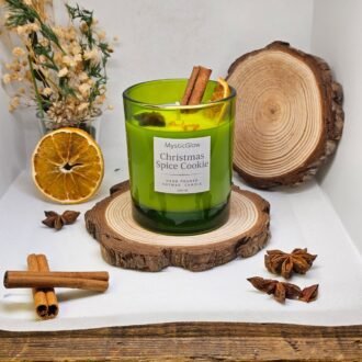 Christmas Spice Cookie soy candle in green glass jar with dried orange slice, cinnamon sticks and star anise – MysticGlow handmade candle