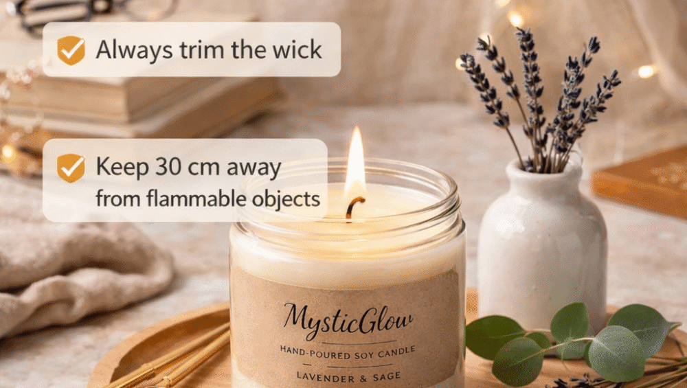 MysticGlow handmade soy candle burning safely on a heat-resistant surface – candle safety tips