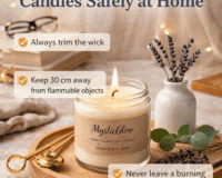 MysticGlow handmade soy candle burning safely on a heat-resistant surface – candle safety tips