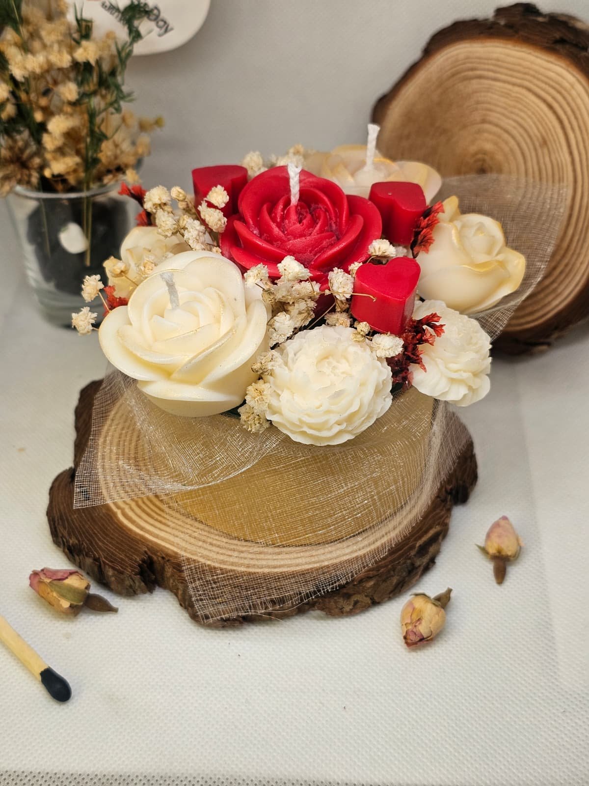 Side view of Valentine candle bouquet with heart-shaped candle details – MysticGlow