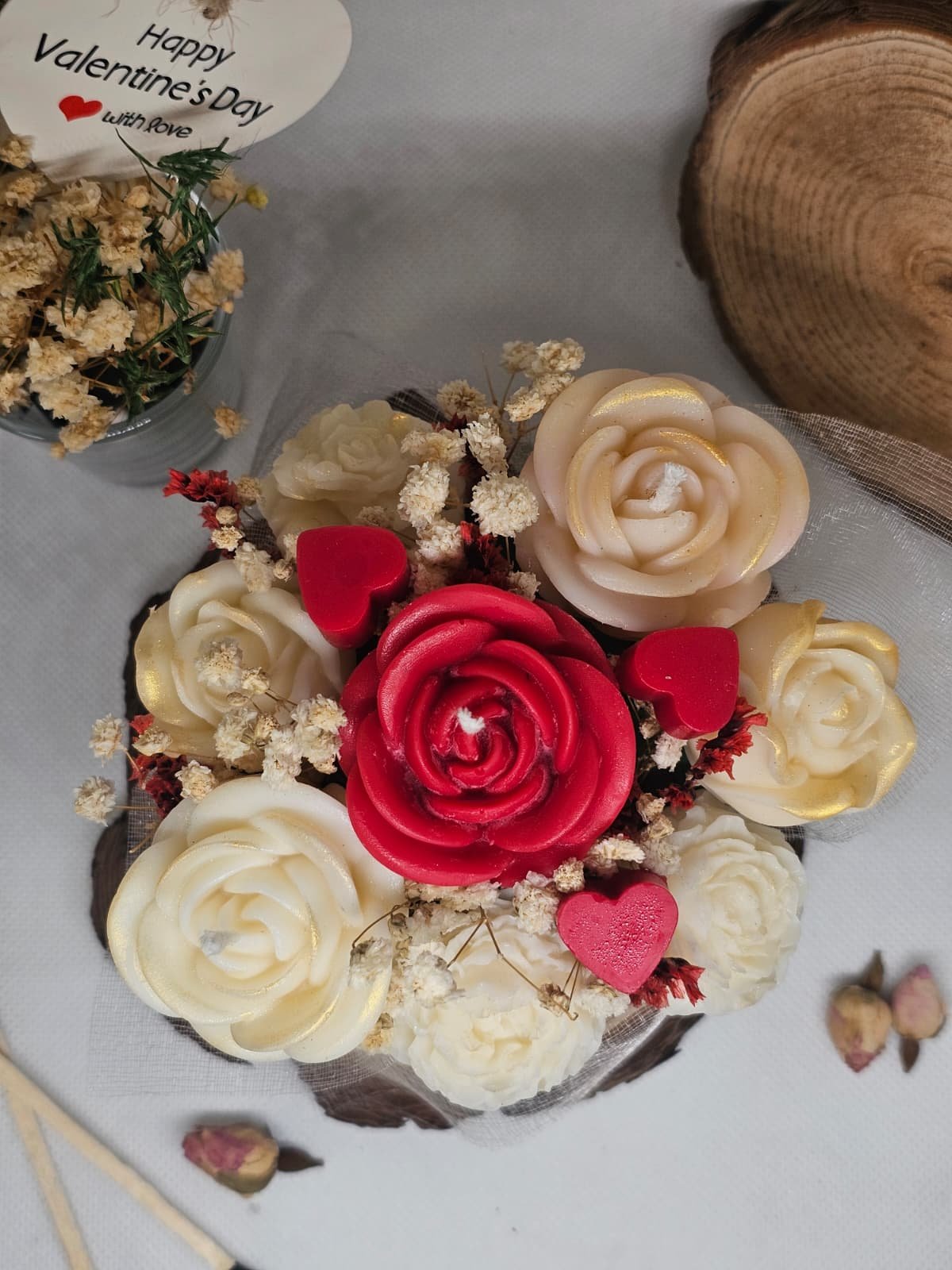 Luxury Valentine rose candle bouquet in white gift box with red ribbon – MysticGlow