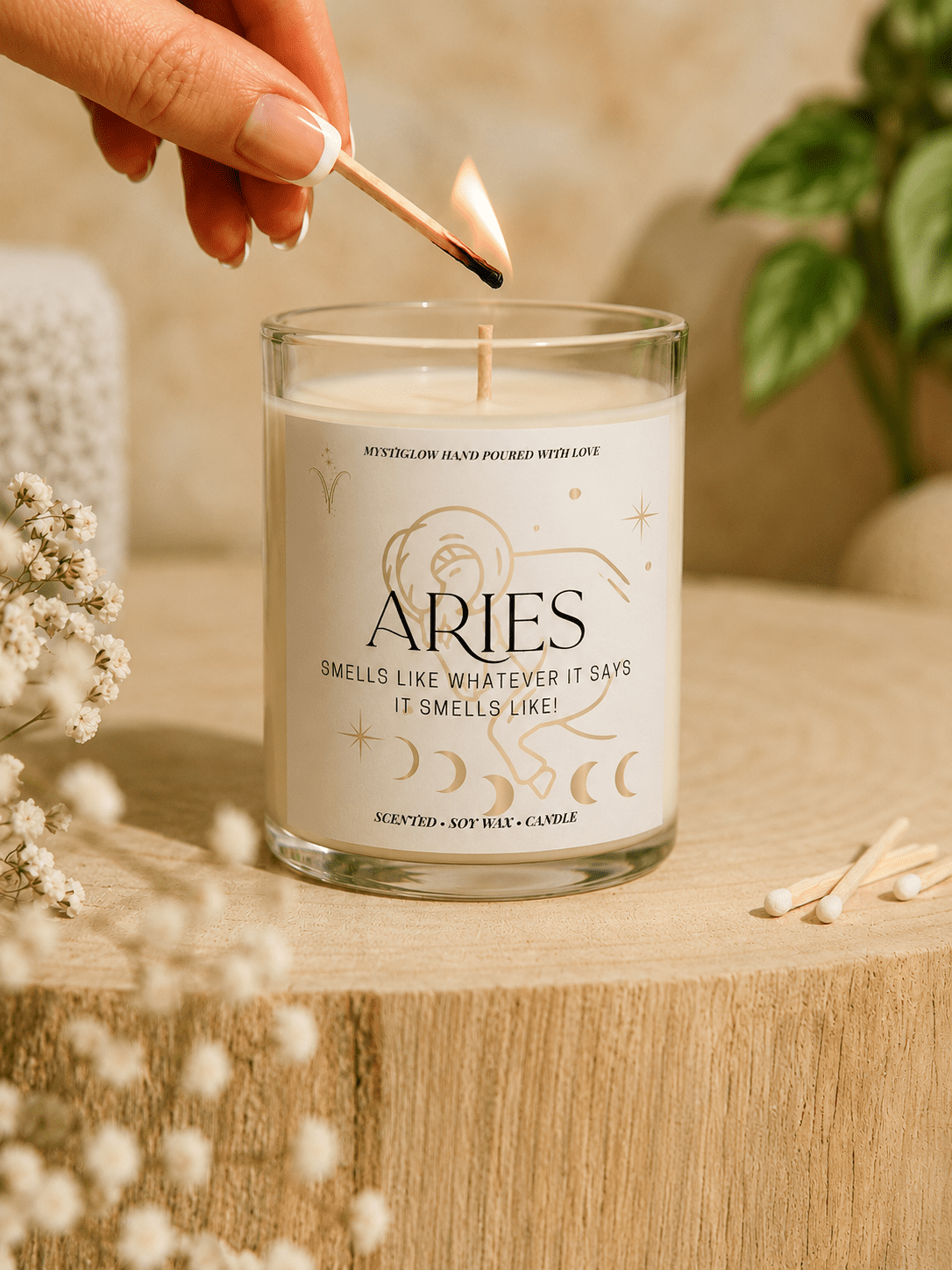 Aries zodiac candle being lit by hand by MysticGlow
