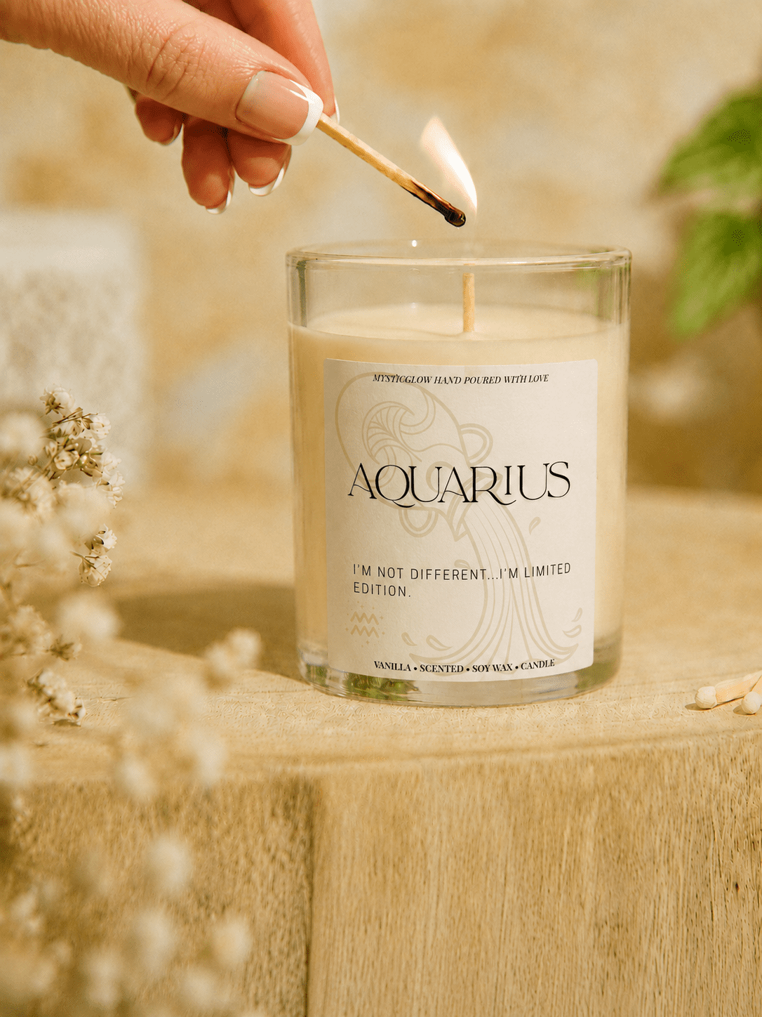Aquarius zodiac candle being lit by hand by MysticGlow