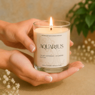 Handmade Aquarius zodiac soy candle held in hands