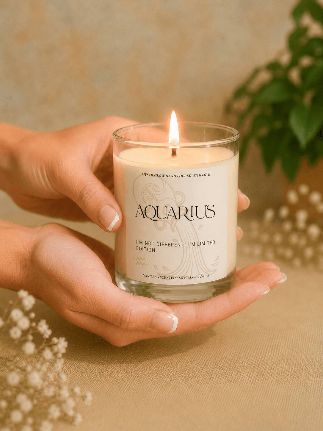 Handmade Aquarius zodiac soy candle held in hands