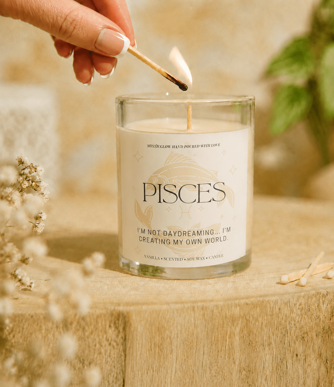 Pisces zodiac candle being lit by hand by MysticGlow