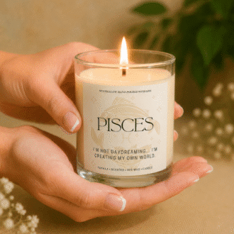 Handmade Pisces zodiac soy candle held in hands