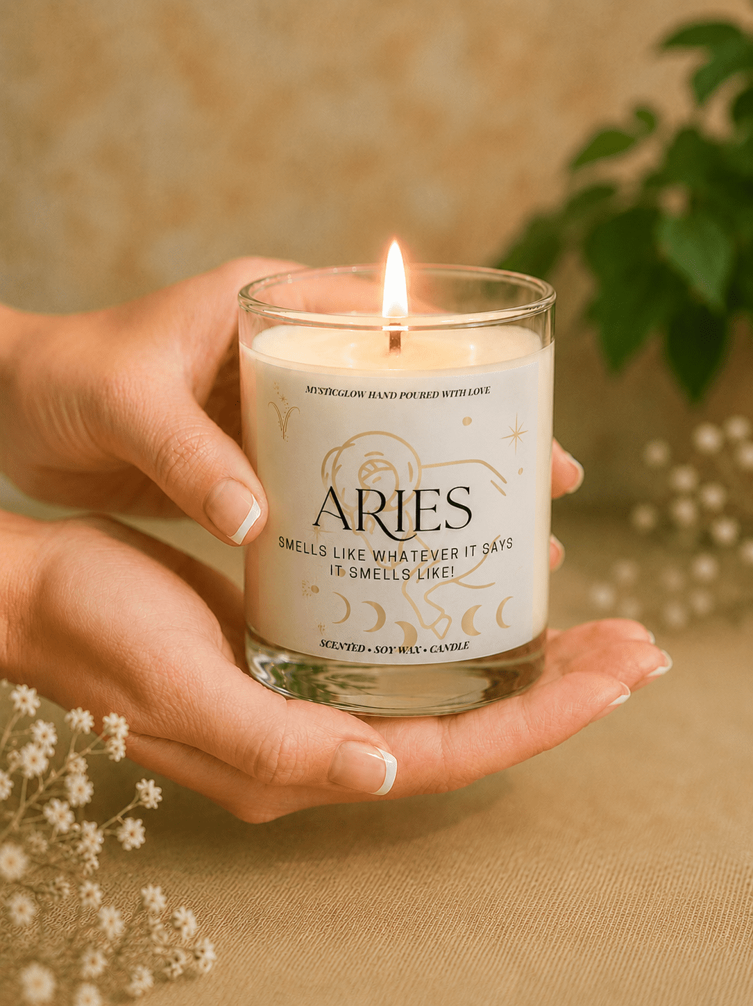 Handmade Aries zodiac soy candle in hands