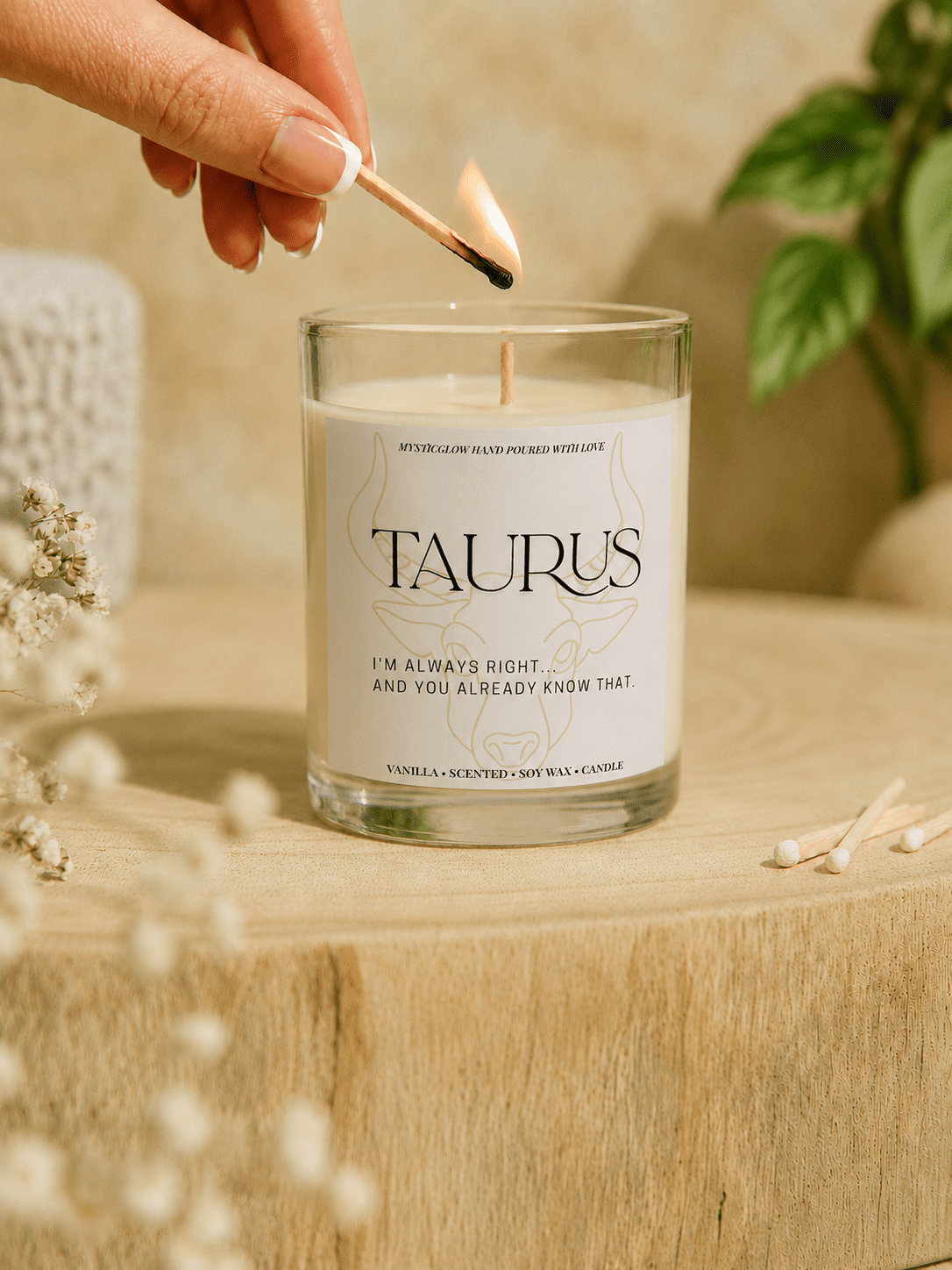 Taurus zodiac candle being lit by hand by MysticGlow