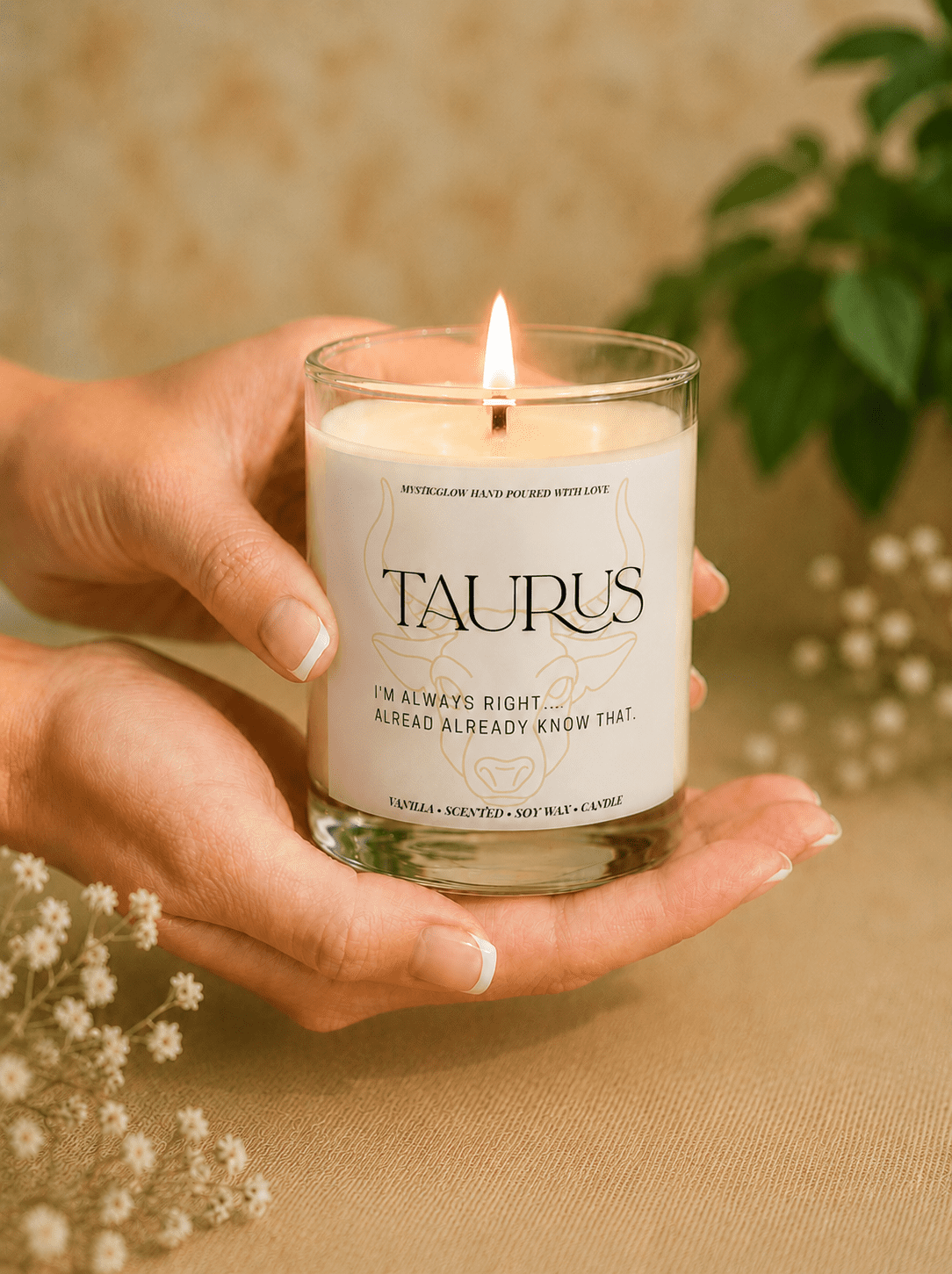 Handmade Taurus zodiac soy candle held in hands