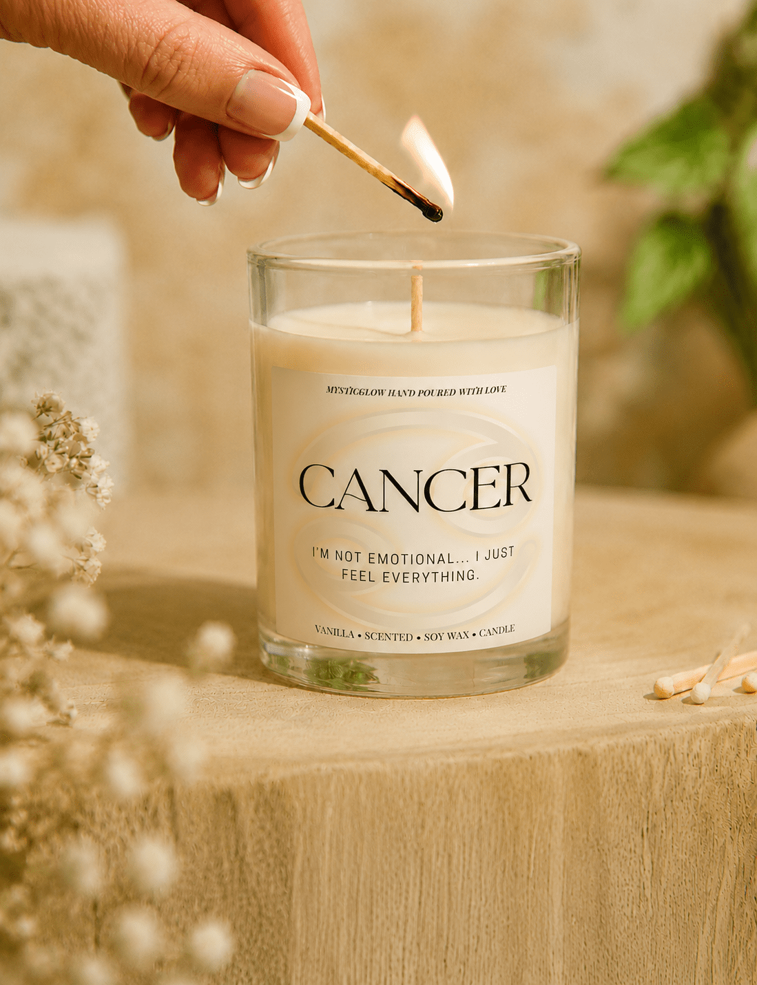 Cancer zodiac candle being lit by hand by MysticGlow