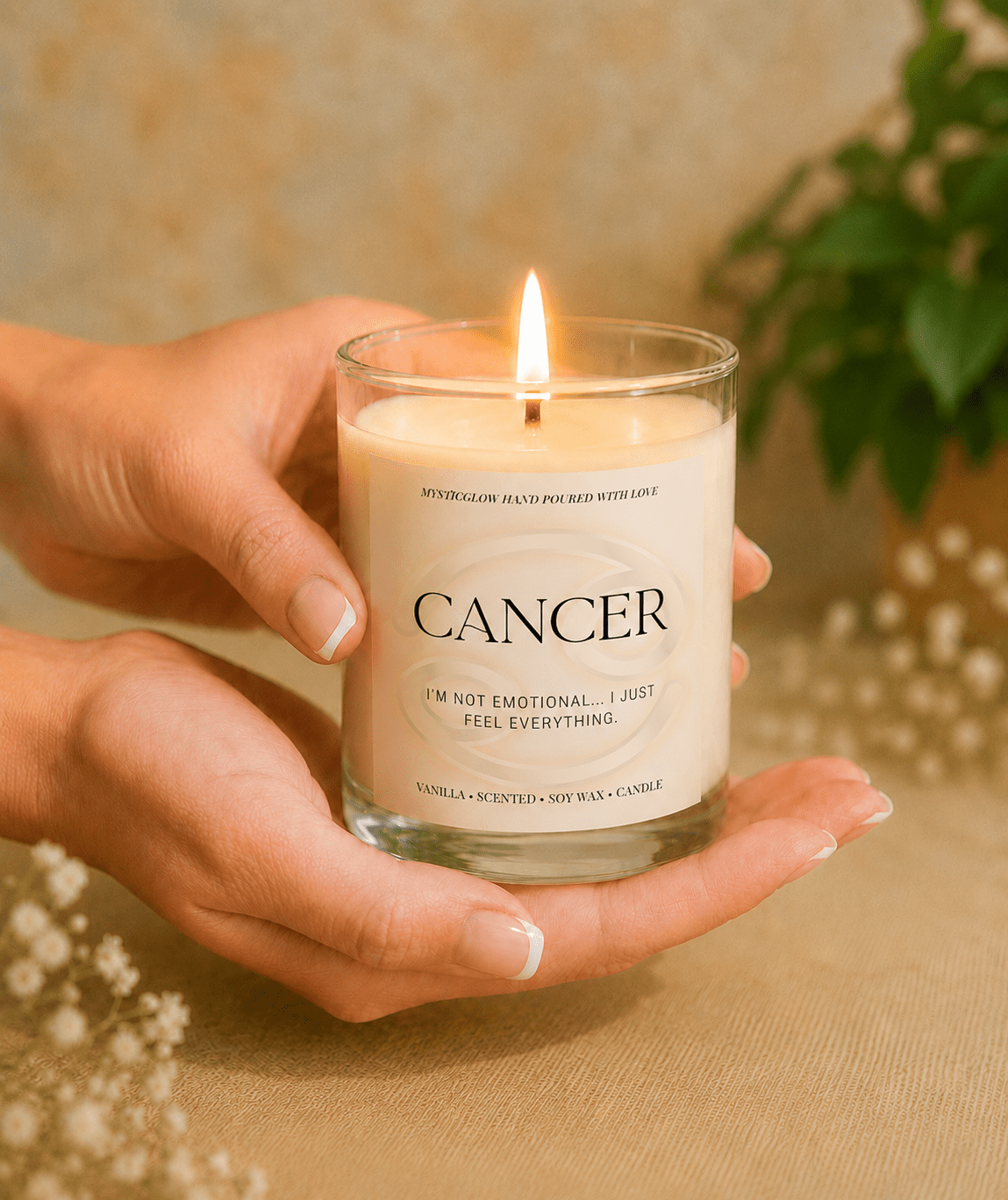 Handmade Cancer zodiac soy candle held in hands