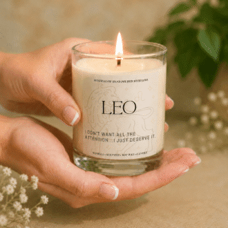 Handmade Leo zodiac soy candle held in hands