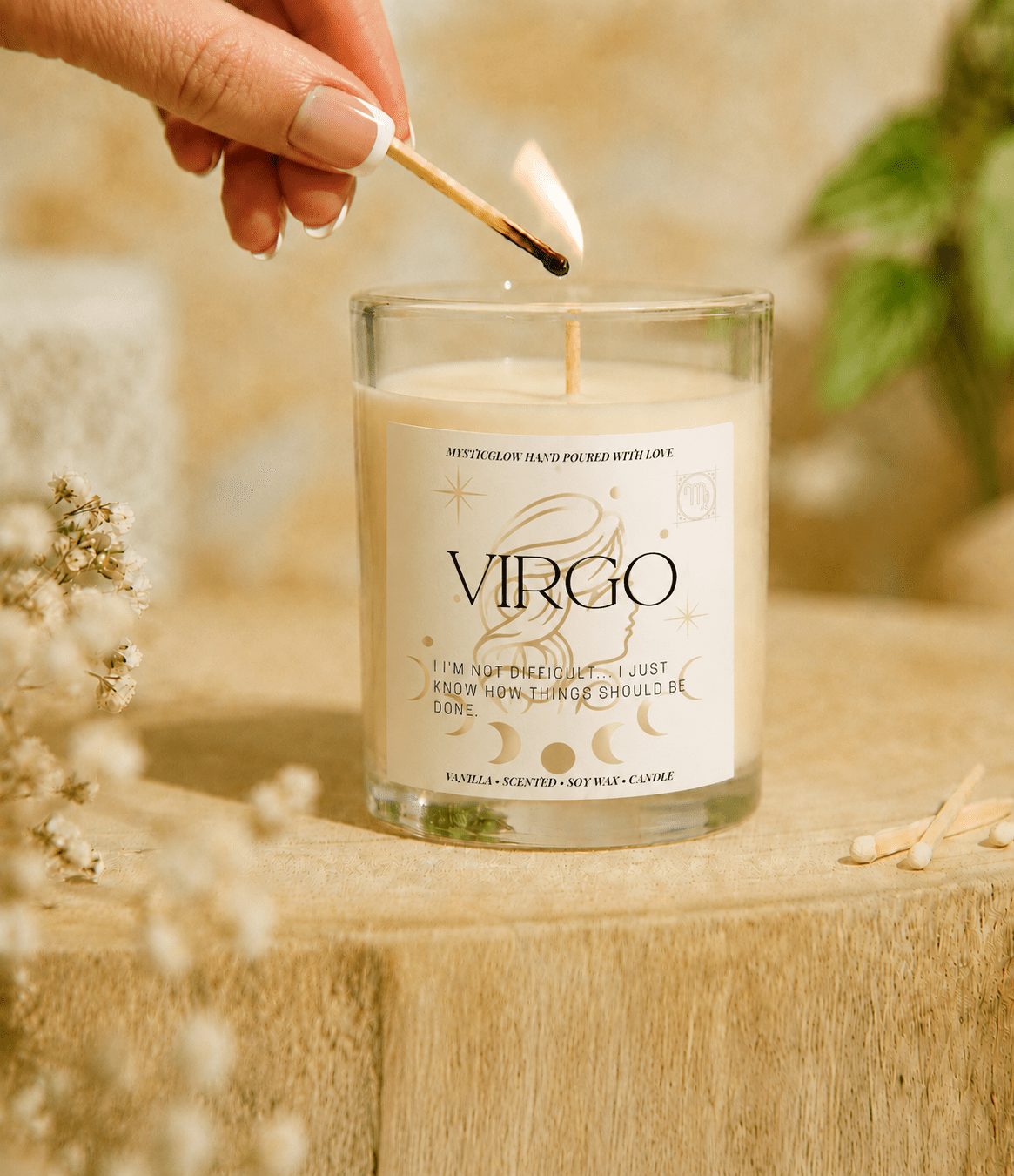 Virgo zodiac candle being lit by hand by MysticGlow