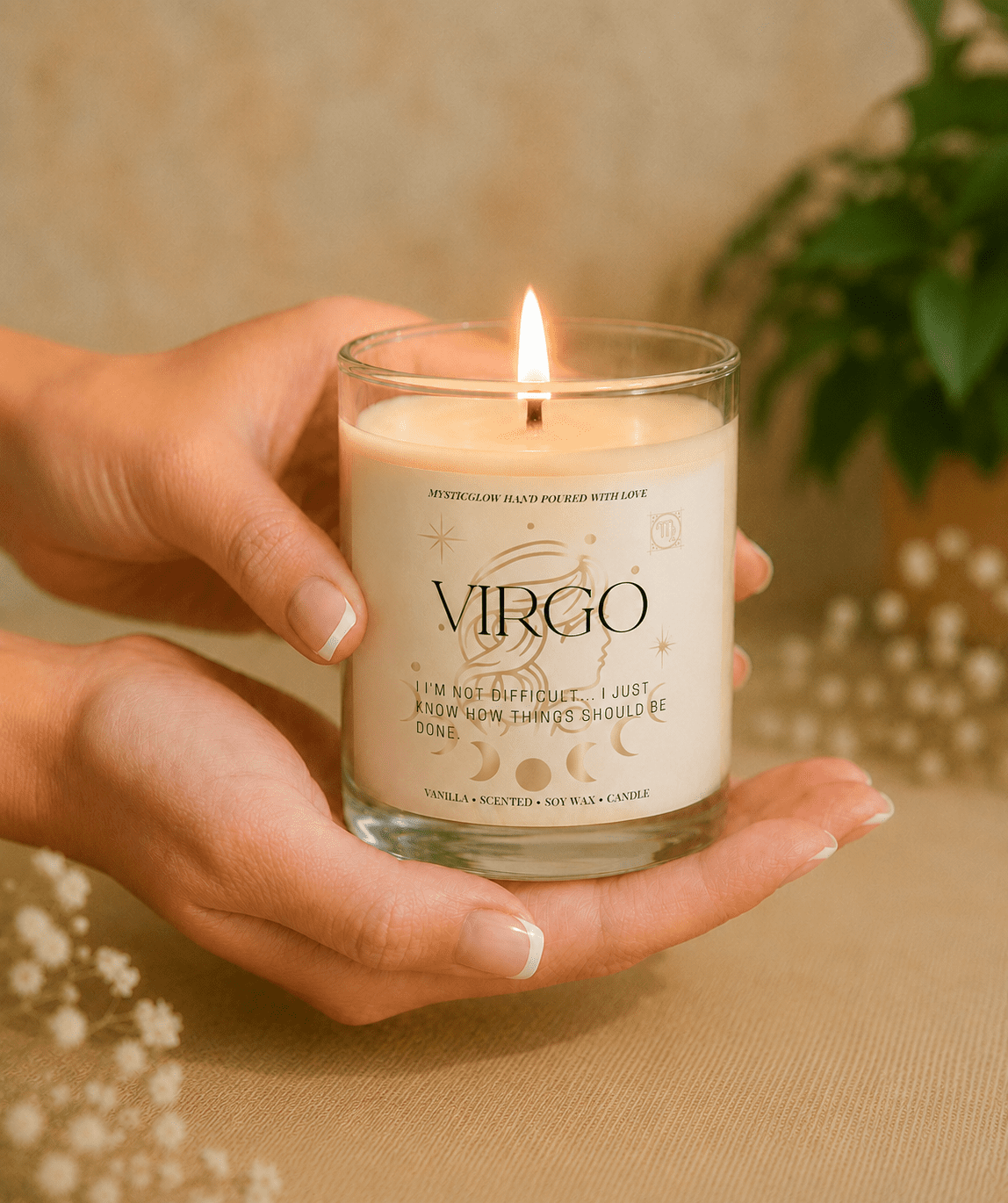 Handmade Virgo zodiac soy candle held in hands
