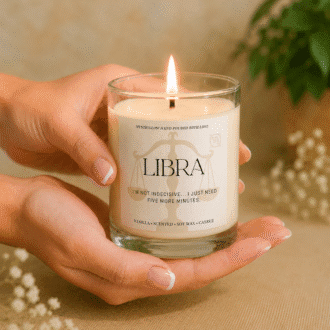 Handmade Libra zodiac soy candle held in hands