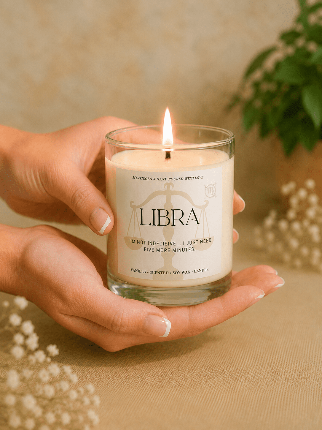 Handmade Libra zodiac soy candle held in hands