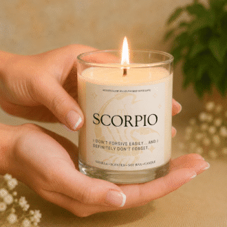Handmade Scorpio zodiac soy candle held in hands