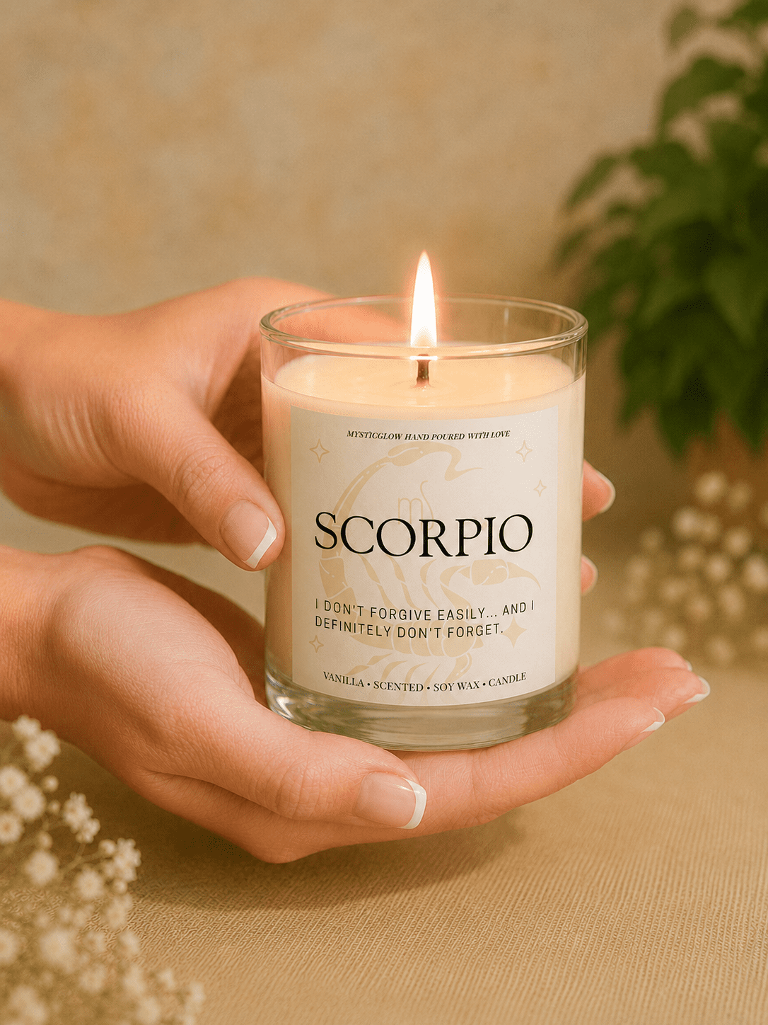 Handmade Scorpio zodiac soy candle held in hands