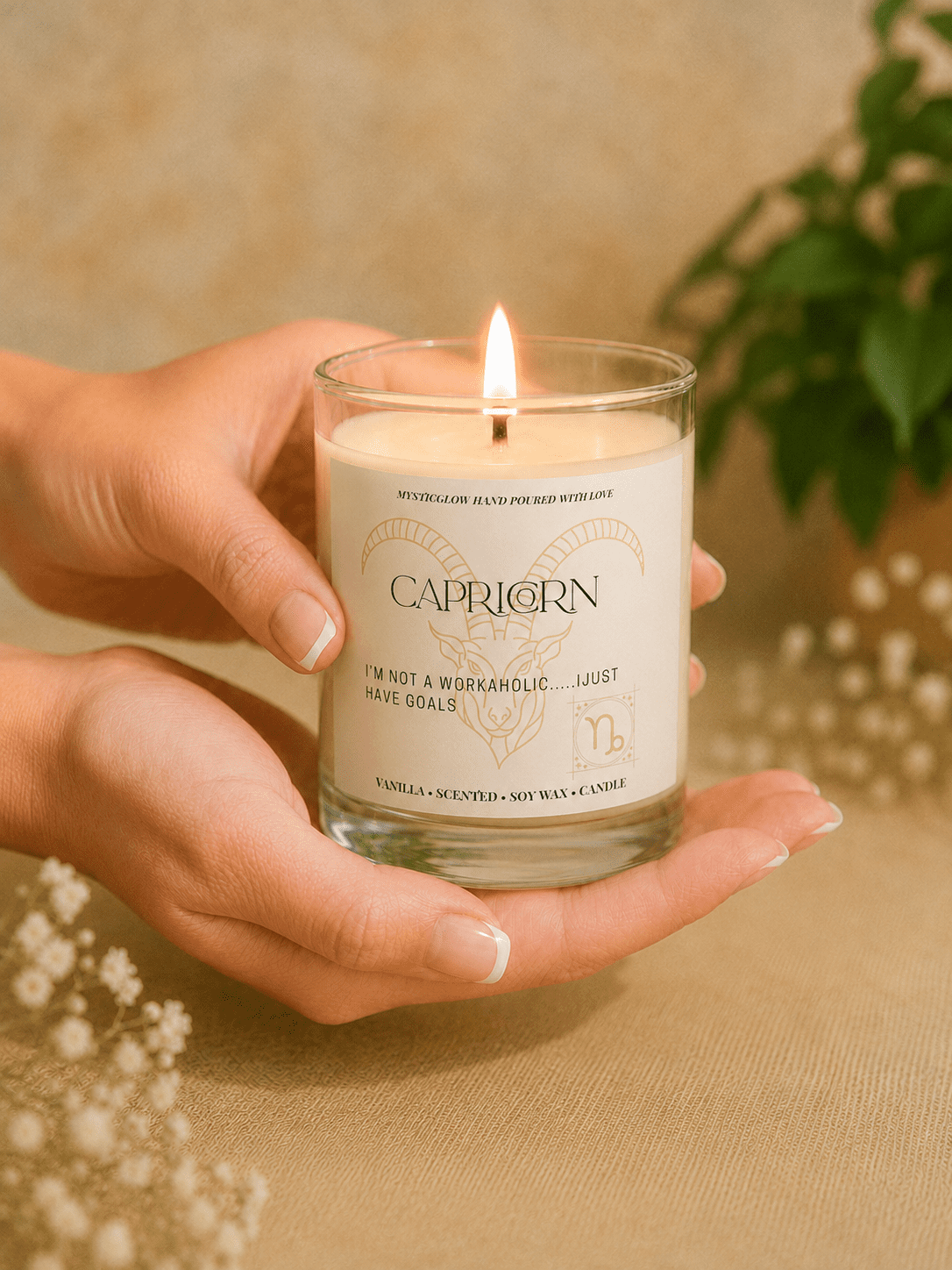 Handmade Capricorn zodiac soy candle held in hands