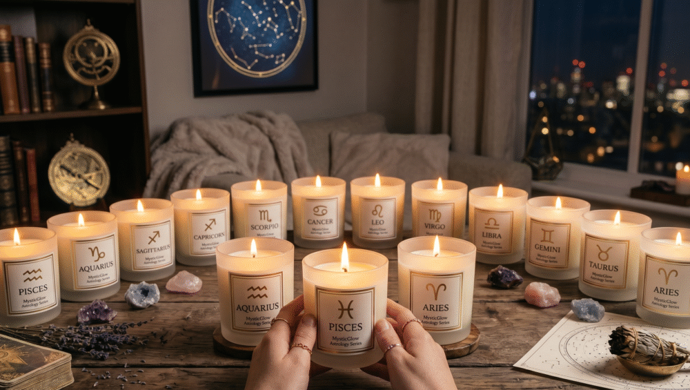 MysticGlow Astrology Series zodiac candles on a wooden table with crystals and tarot cards