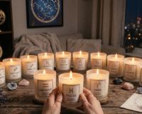 MysticGlow Astrology Series zodiac candles on a wooden table with crystals and tarot cards