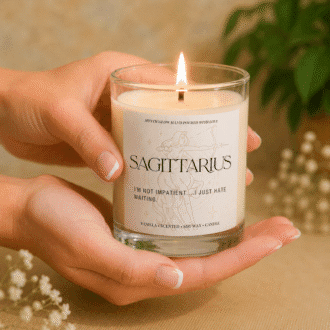 Handmade Sagittarius zodiac soy candle held in hands