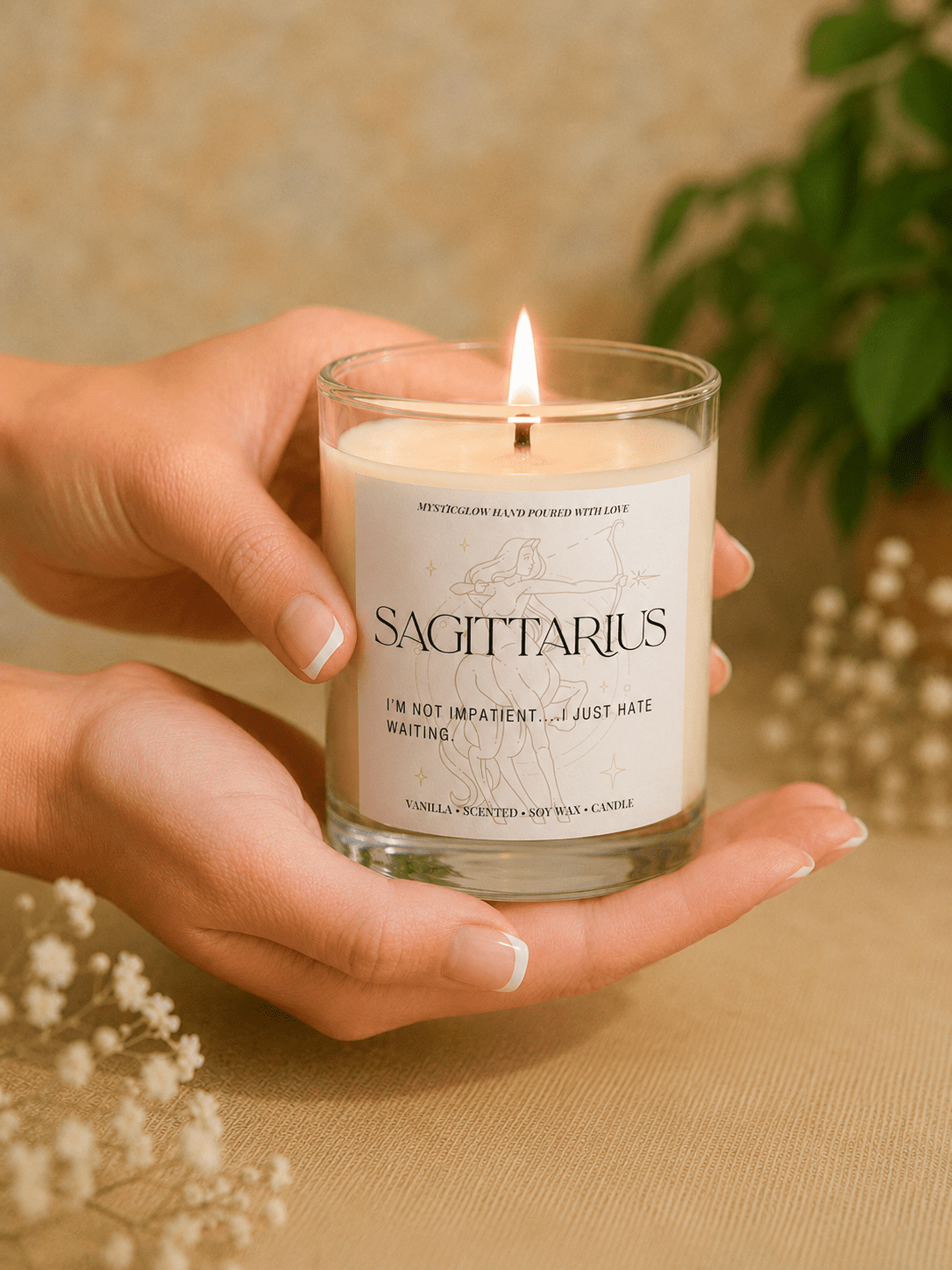 Handmade Sagittarius zodiac soy candle held in hands