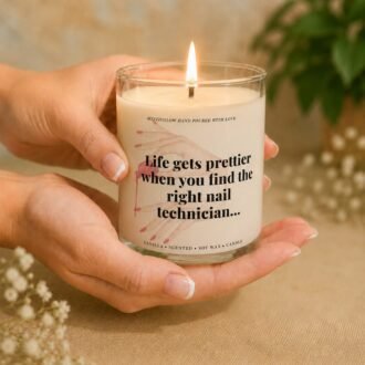 MysticGlow vanilla scented soy wax candle in a clear glass jar, held gently in hands with a glowing flame and a funny nail technician quote on the label.