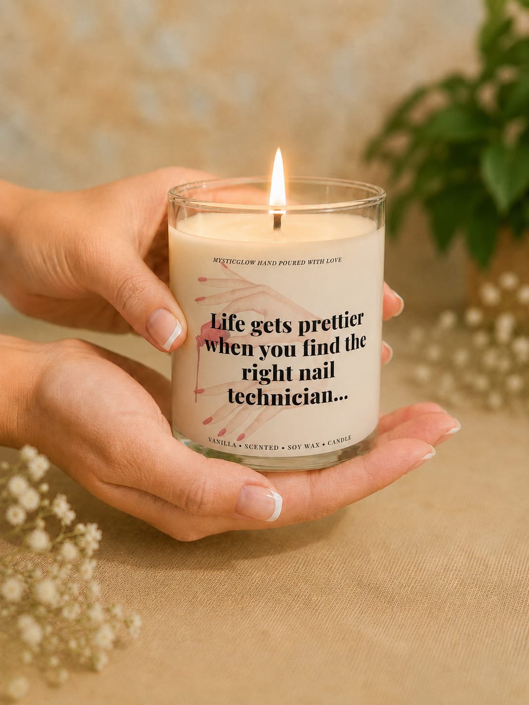 MysticGlow vanilla scented soy wax candle in a clear glass jar, held gently in hands with a glowing flame and a funny nail technician quote on the label.