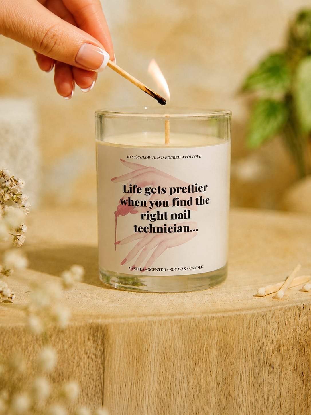 Close-up of a MysticGlow vanilla scented soy wax candle being lit with a match, featuring a humorous nail technician quote, elegant glass jar and warm beige background.