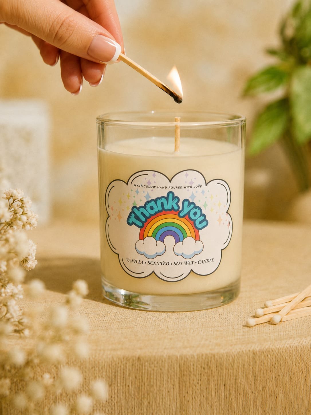 MysticGlow Thank You scented soy wax candle in a glass jar, being lit with a match, featuring a colourful rainbow design and a cheerful thank you message. Perfect appreciation gift for teachers, friends and loved ones.