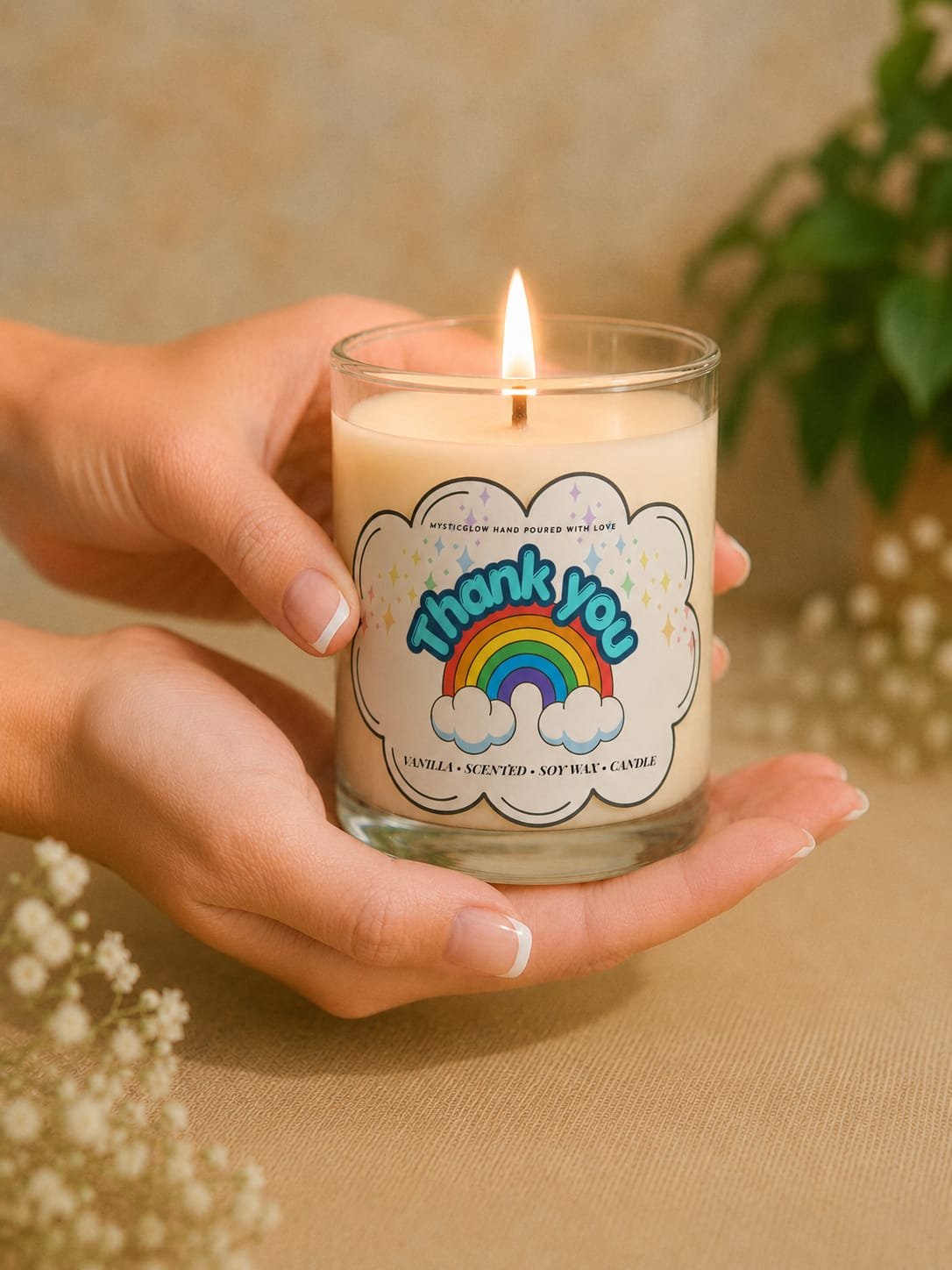 MysticGlow handmade vanilla scented soy wax Thank You candle in a clear glass jar, featuring a colourful rainbow and clouds label, held gently in hands with a glowing flame. A thoughtful appreciation gift.