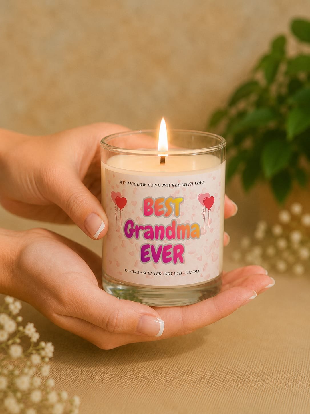 MysticGlow Best Grandma Ever scented soy wax candle held gently in hands with a glowing flame, featuring a colourful pink heart and balloon design. A lovely handmade gift for grandma on her birthday, Mother's Day or any special occasion.