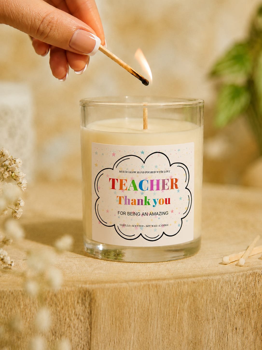 MysticGlow handmade teacher appreciation soy wax candle in a clear glass jar, being lit with a match, featuring a colourful Thank You Teacher label and warm beige background.