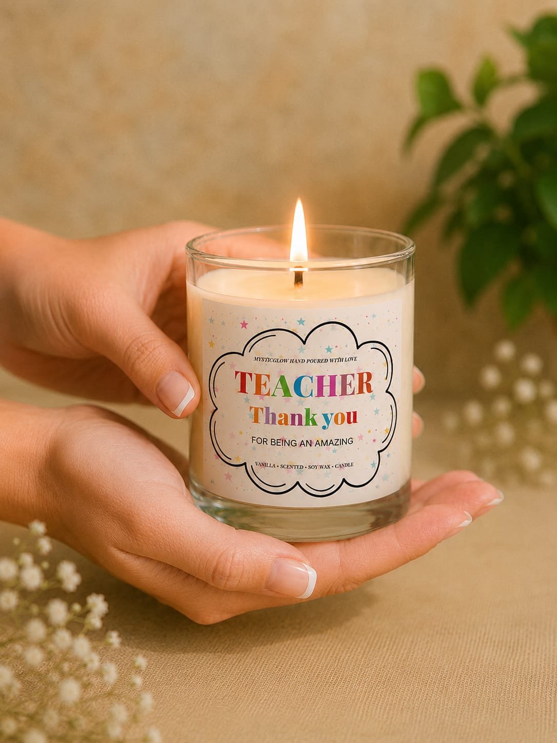 MysticGlow vanilla scented soy wax teacher thank you candle with a colourful appreciation label, held gently in hands with a glowing flame, perfect as an end of term teacher gift.